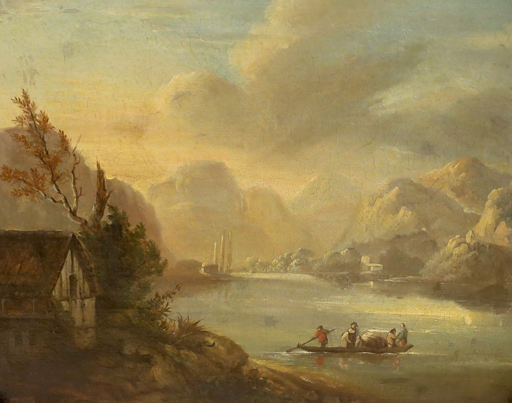 19th century English school, oil on canvas, Mountainous lake scene with figures in a boat, 35 x 43cm